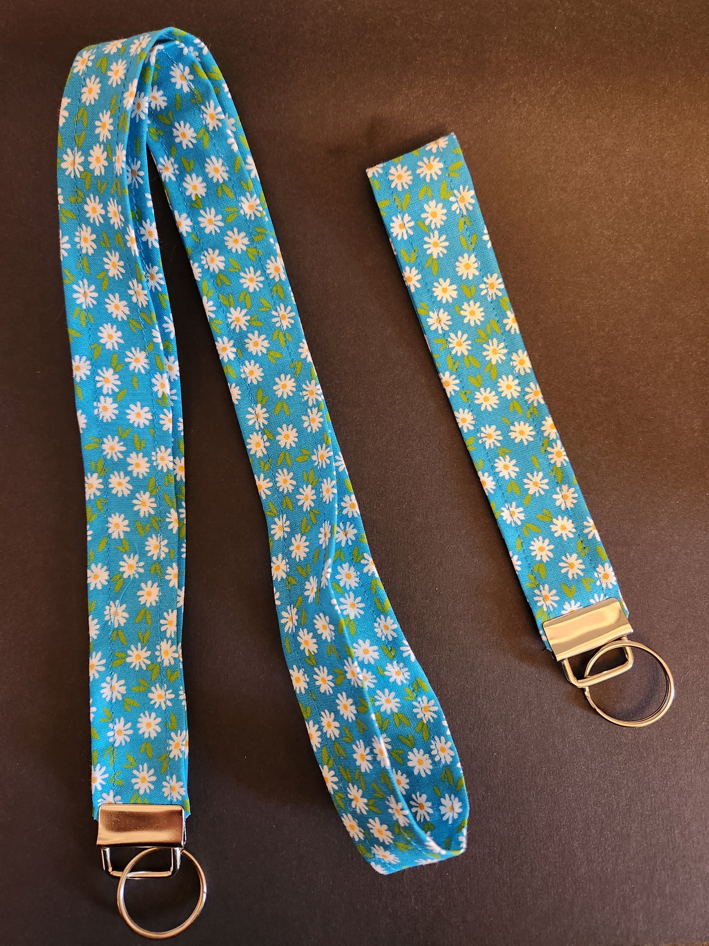 Small Daisies on Blue Wrist Lanyard for Keys