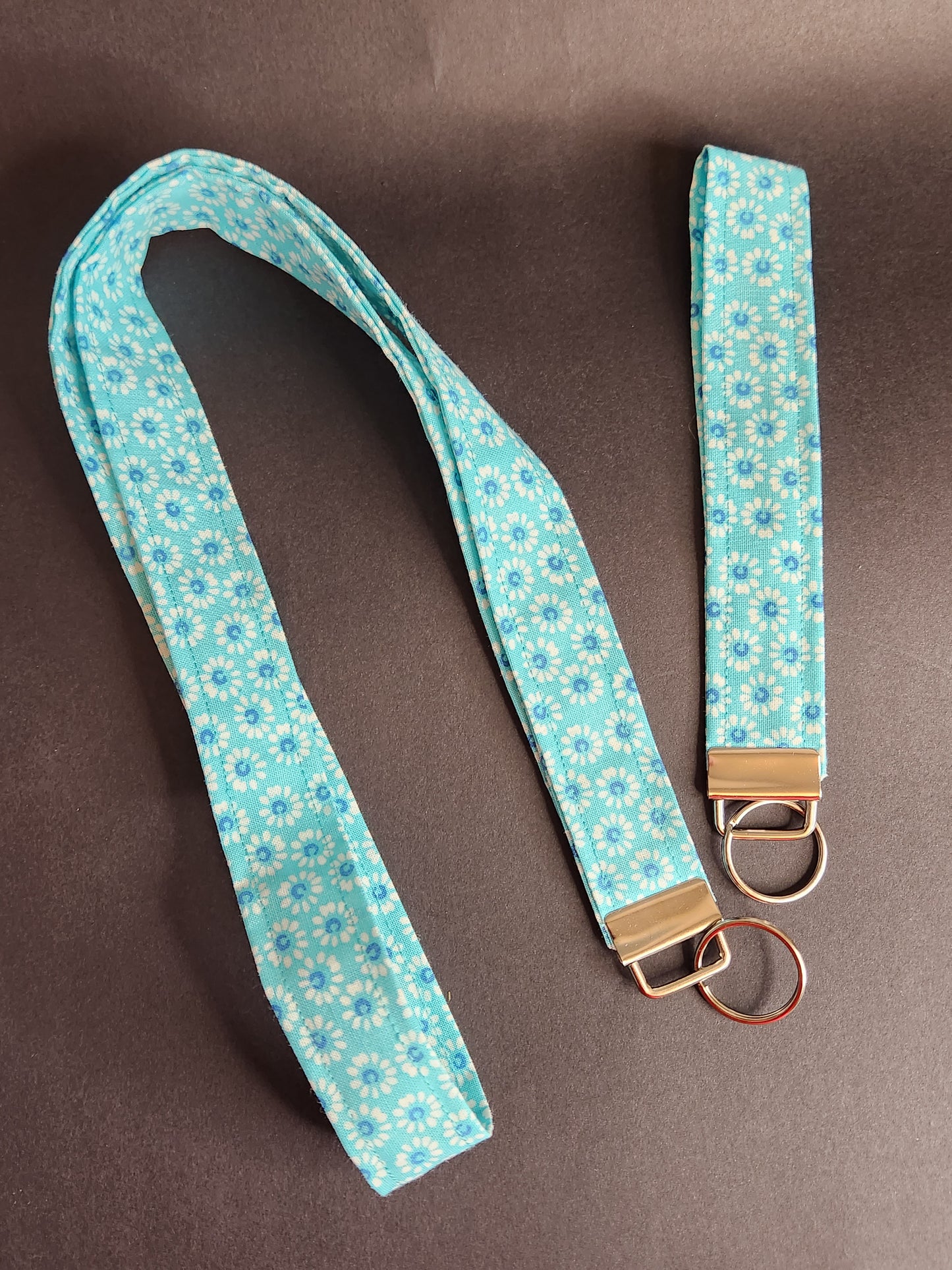 White Flowers on Blue Wrist Lanyard for Keys